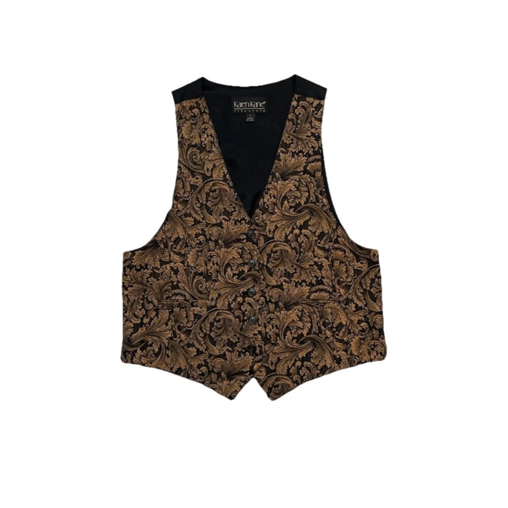 Karen Kane Vintage Brocade Vest L Womens Gold Black Tapestry Steampunk Goth
